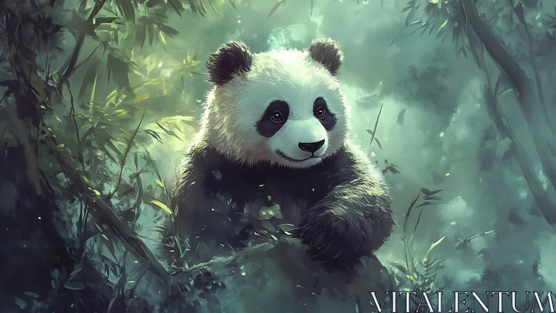 Digital panda portrait in misty bamboo forest scene.