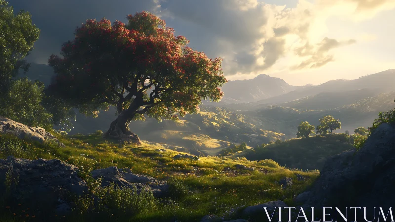 Isolated tree stands on sunlit rocky slope in hilly valley