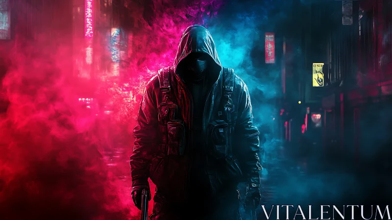 Hooded cyberpunk figure strides through neon smoke-filled alley