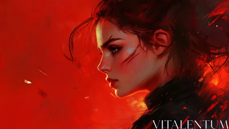 Fierce profile of a woman emerging from blazing red storm.