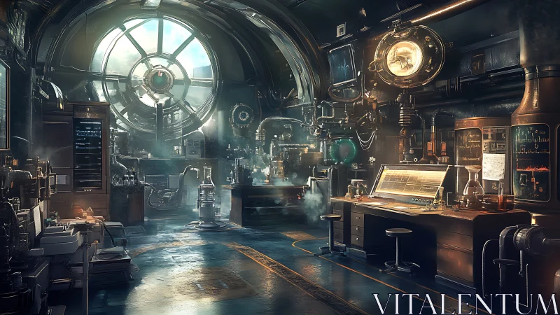 Steampunk laboratory interior with glowing analytical consoles