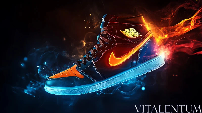 High-top sneaker with neon swoosh and dual smoke effects.