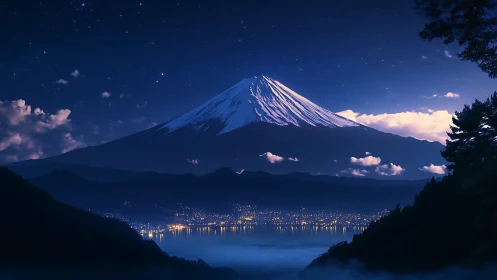 Nocturnal alpine panorama above luminous lakeside city.