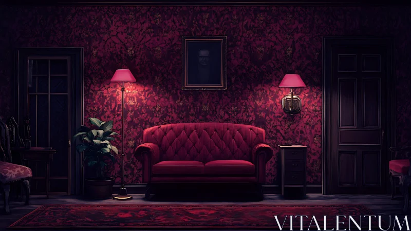 Dimly lit red parlor shows central sofa, doors and lamps