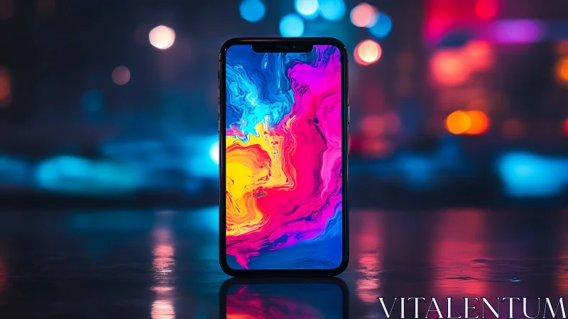 Smartphone with neon abstract screen in moody bokeh city scene.