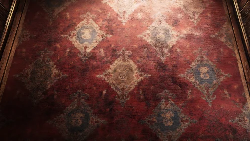 Worn red patterned rug with faded diamond motifs on floor.