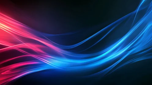 Neon light waves flow across a dark background in motion