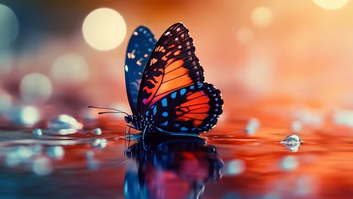 Vibrant butterfly resting on reflective water surface.