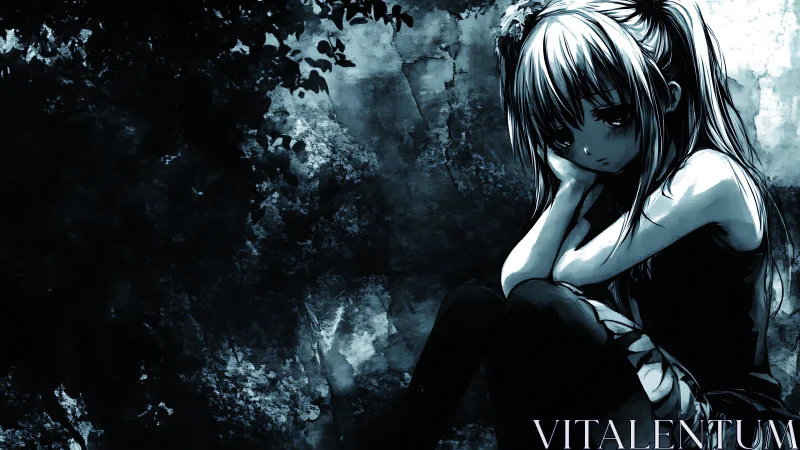 Sad anime girl sits alone against a dark textured wall