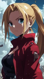 Blonde anime heroine in red tactical jacket under windy sky