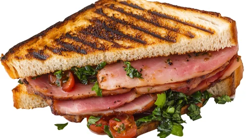 Grilled ham sandwich with herbs and tomatoes on toast.