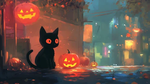 Black Cat's Neon Halloween Vigil Commands Glowing Pumpkin Square