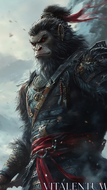 Armored simian warlord stands against a storm-laden sky
