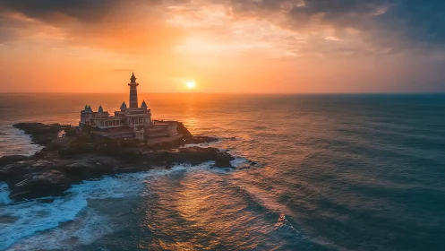 Sun-drenched ocean temple lighthouse crowned by fiery horizon.