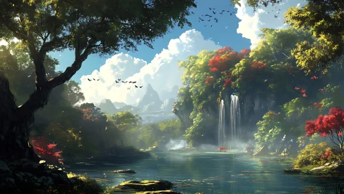 Lush forest canyon lake with waterfall and drifting birds.