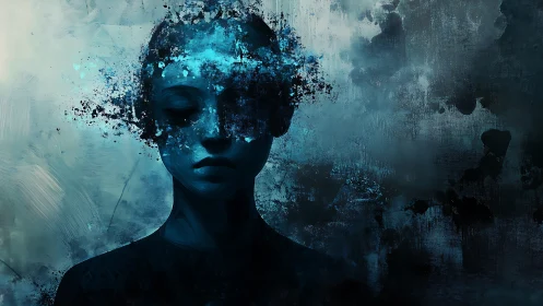 Shimmering blue portrait gently dissolves into quiet mist