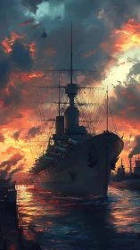 Dreadnought drifting through molten sunset waterscape.