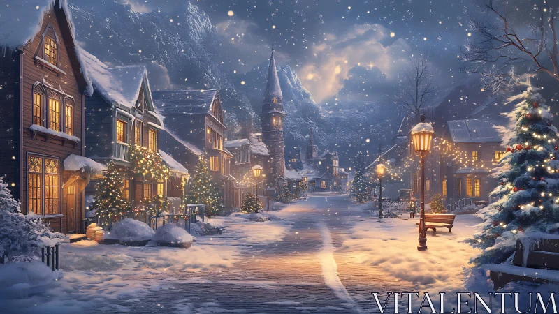 Snowy Christmas village street with warm glowing lights.