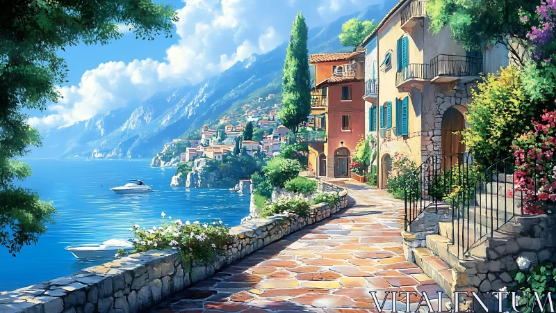 Sunlit coastal village path with bright houses and sea.