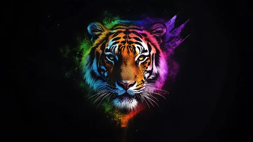 Multicolor tiger portrait on black background in digital style.