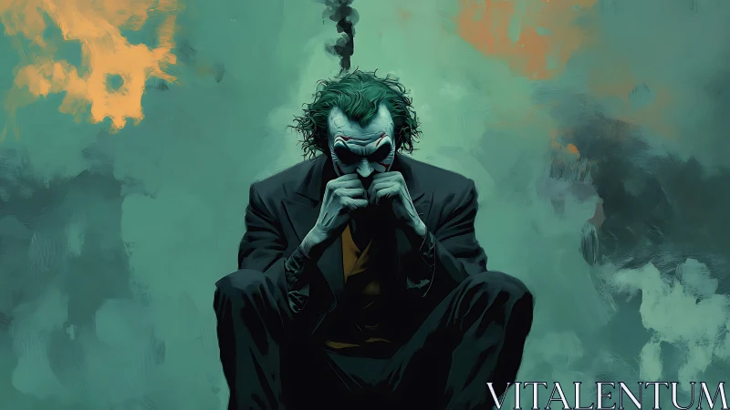 Brooding clown figure in stylized smoky teal atmosphere.