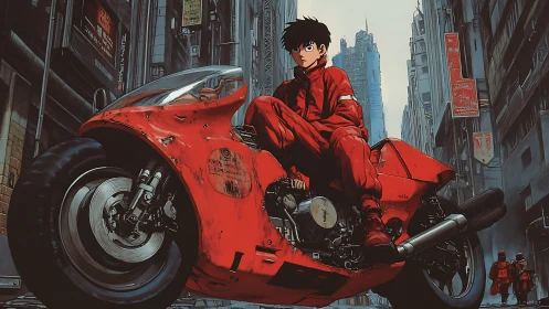 Red biker dominates dystopian alley on futuristic motorcycle.