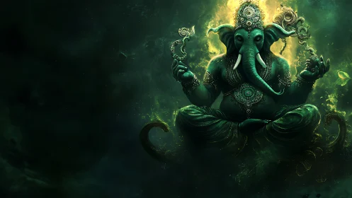 Mythic elephant-headed deity in glowing emerald aura.