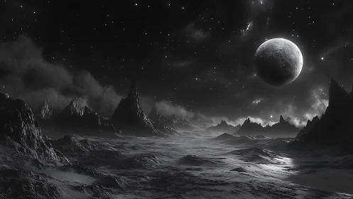 Moonlit alien desert under stars exudes stark cosmic calm.