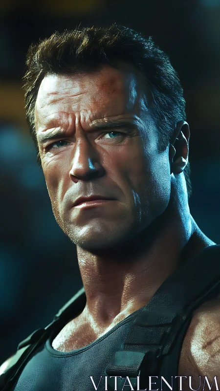 Steel-jawed action sentinel in cinematic battle light.