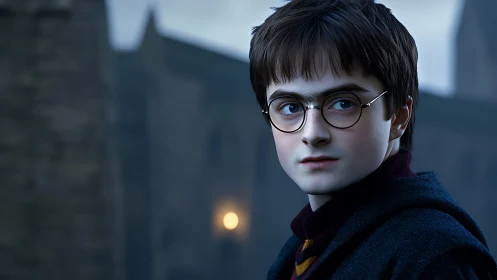 Young bespectacled boy in uniform before stone building.