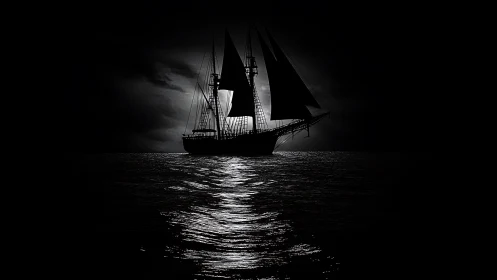 Moonlit phantom schooner slicing through midnight seas.