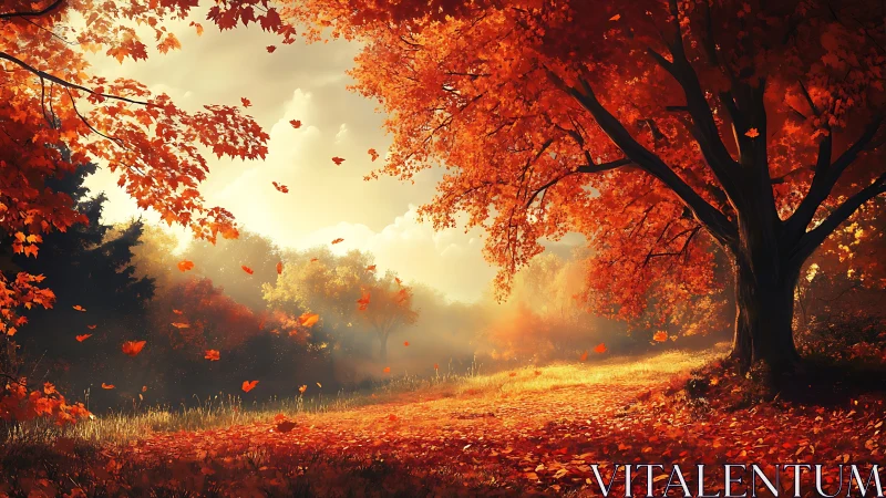 Backlit autumn woodland path under dense scarlet maple canopy