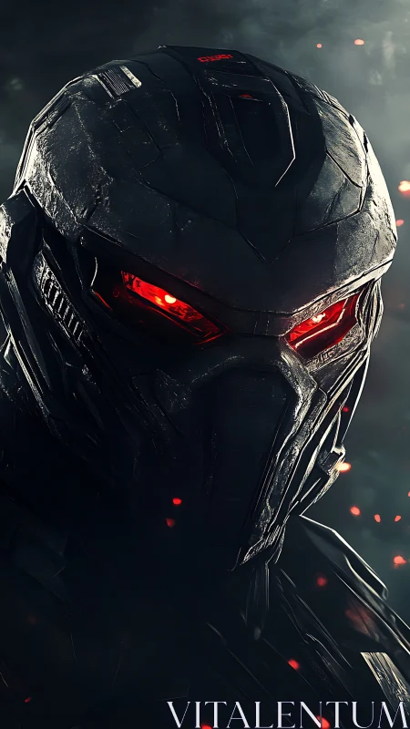 Dark armored robot head with glowing red eyes in smoke