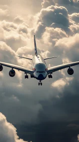 Sunlit passenger jet greeting soft golden afternoon clouds.