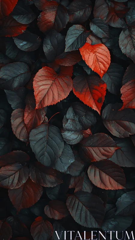 Crimson leaves contrast against deep teal forest shadows.