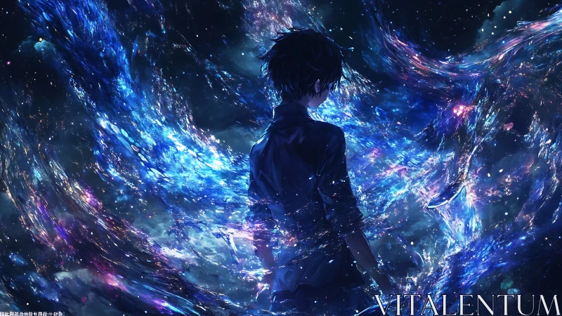 Solitary anime figure within swirling cosmic nebula field.