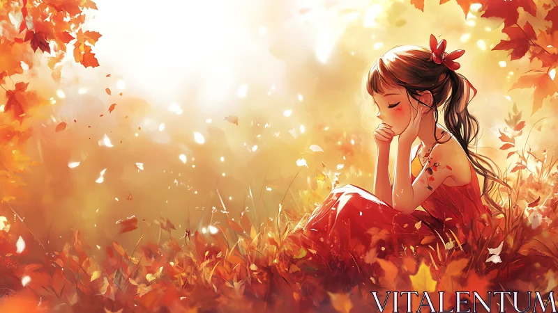 Girl seated in autumn foliage under diffuse warm light.