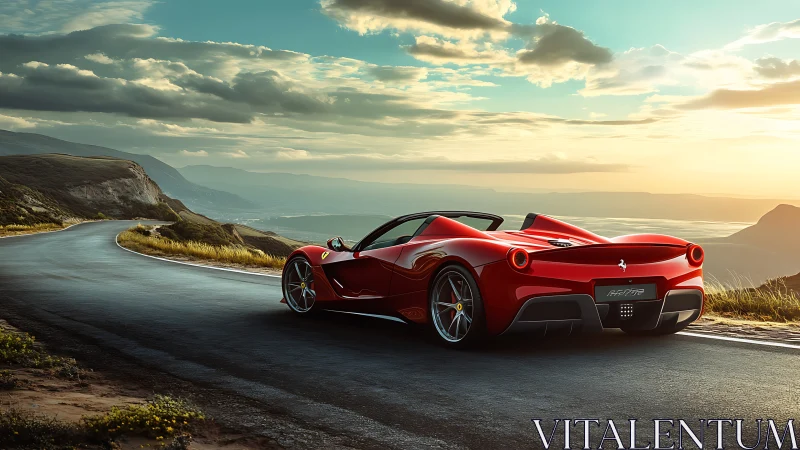 Sunlit red sports car enjoys a winding coastal mountain drive