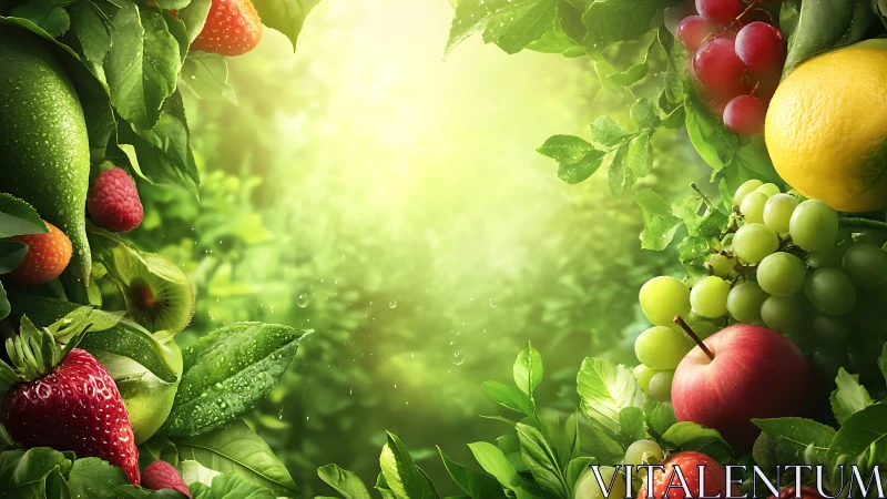 Fresh assorted fruits framing a bright green garden scene.