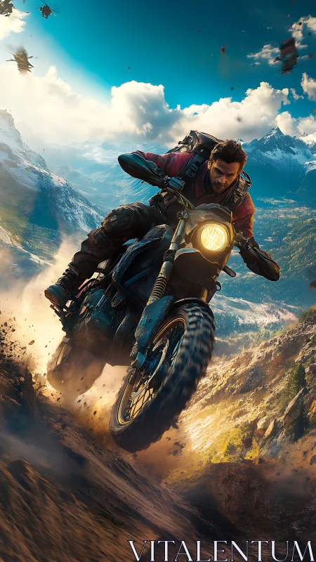 Mountain-plunge rider outruns drones on blazing dirt trail.