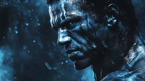 Battle-hardened warrior profile in icy cyan chiaroscuro.