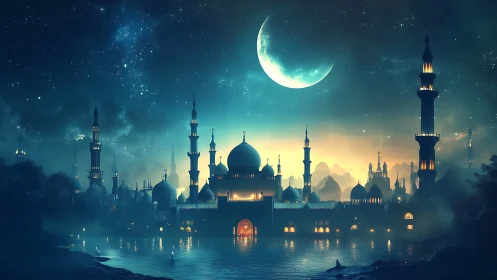 Moonlit fantasy mosque skyline glows over misty water