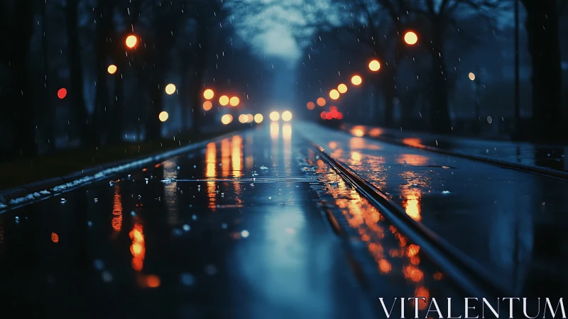 Soft city rain glows along quiet rails at blue hour.