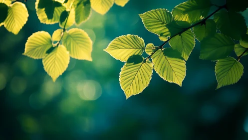 Sunlit Green Leaves Close-Up in Soft Nature Background.