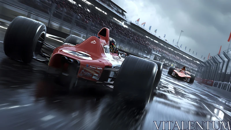 Formula race cars slice through wet track in high-speed duel.