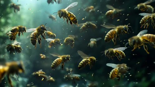 Busy forest bees dancing through drifting sunbeams.