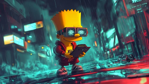 Cyberpunk cartoon kid in neon rain with VR visor and tablet.