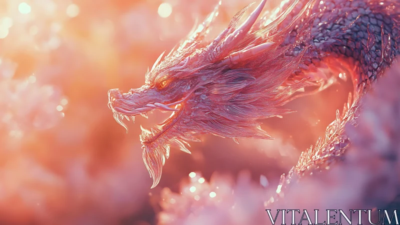 Translucent crystalline dragon head rendered with volumetric bokeh light