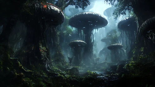 Bioluminescent mega fungi rise through dense alien rainforest.