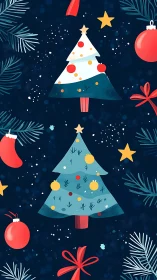 Stylized Christmas trees and ornaments on deep blue ground